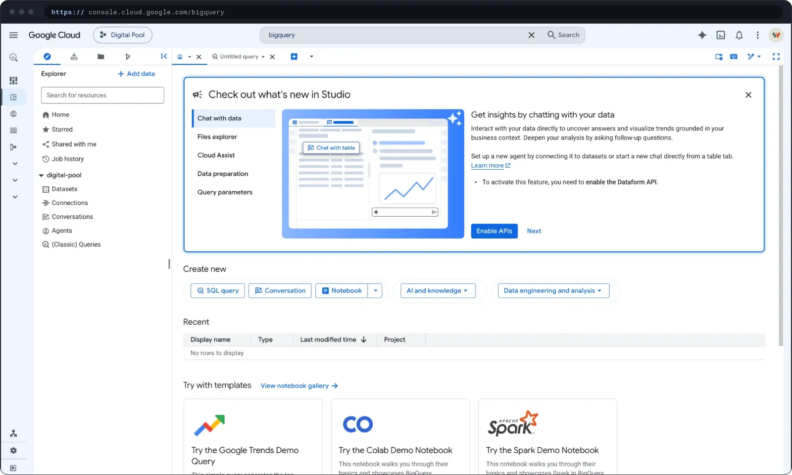 BigQuery Studio today: the Explorer on the left, a What's new in Studio panel introducing chat with data, and Create new actions for SQL, conversation, notebooks, AI and knowledge, and data engineering.