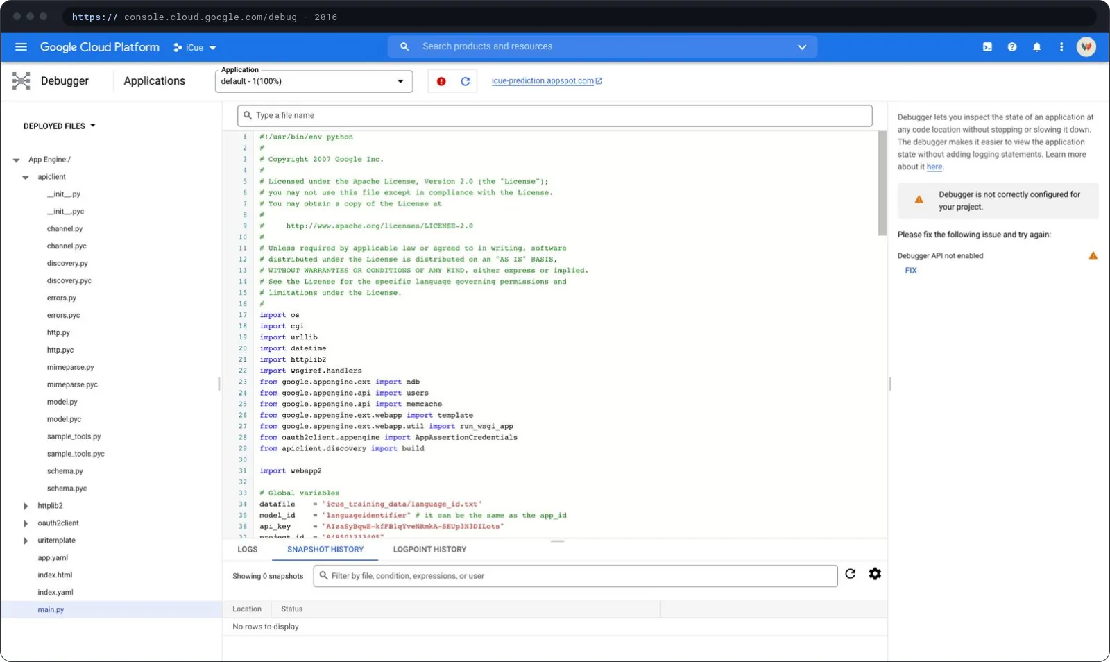 Cloud Debugger: source code with a snapshot taken in production and the captured variables on the right.