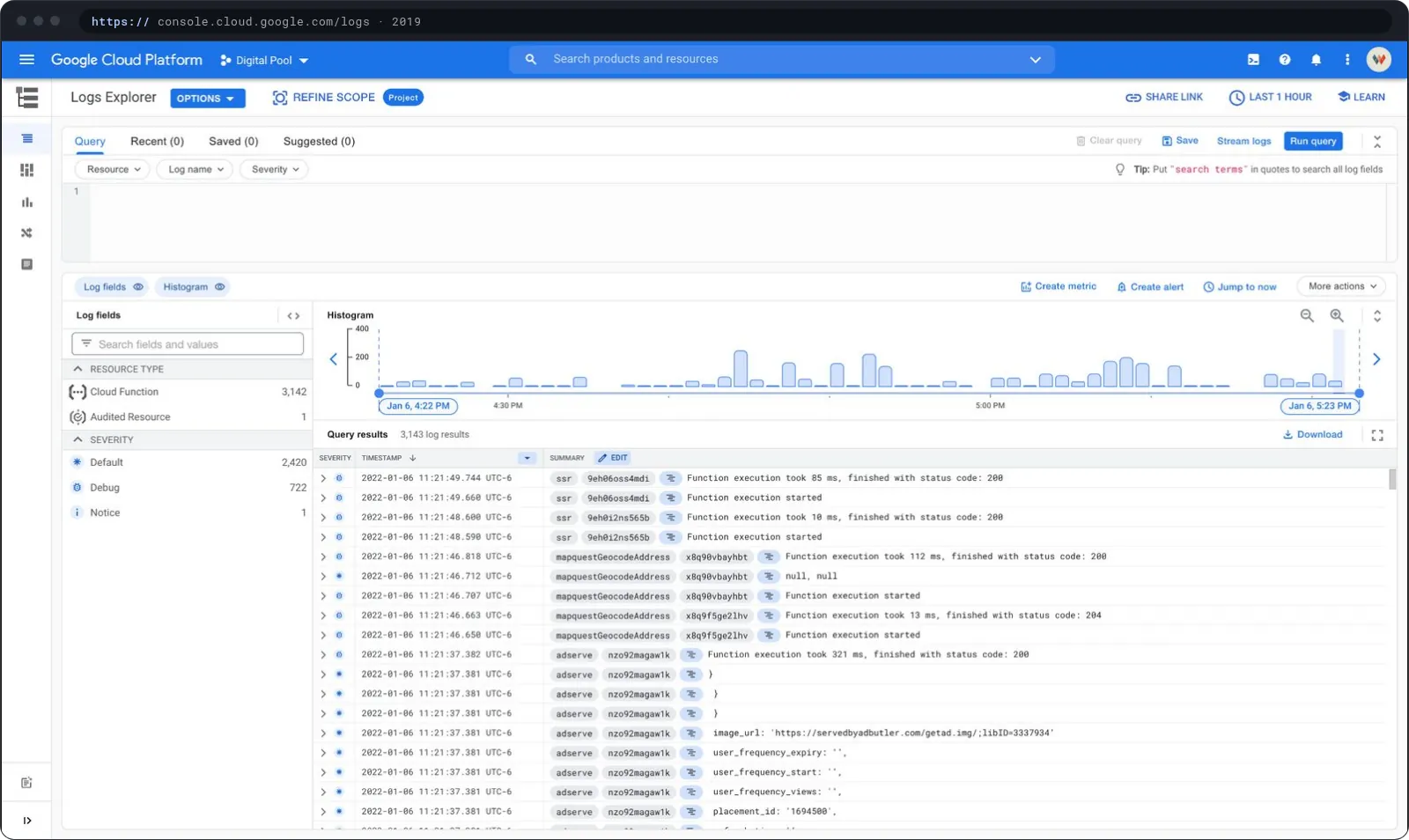 Logs Explorer in 2019: the query builder, histogram and log entries in the earlier console.