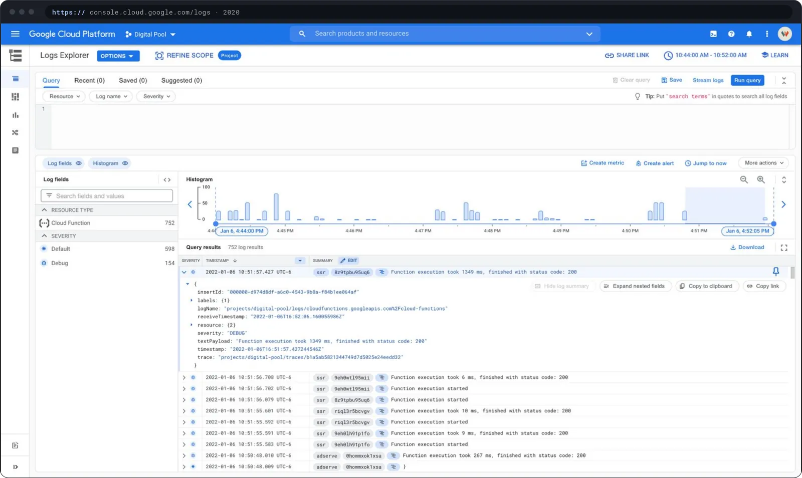 Logs Explorer in 2020 with the histogram and expanded log entries.