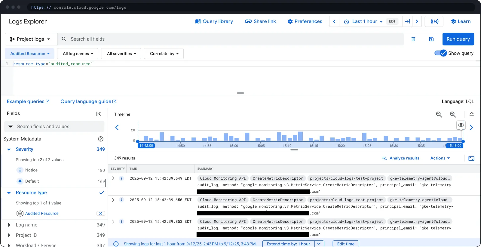 Logs Explorer today: a query bar, a histogram timeline of log volume, and a results table of audit log entries.