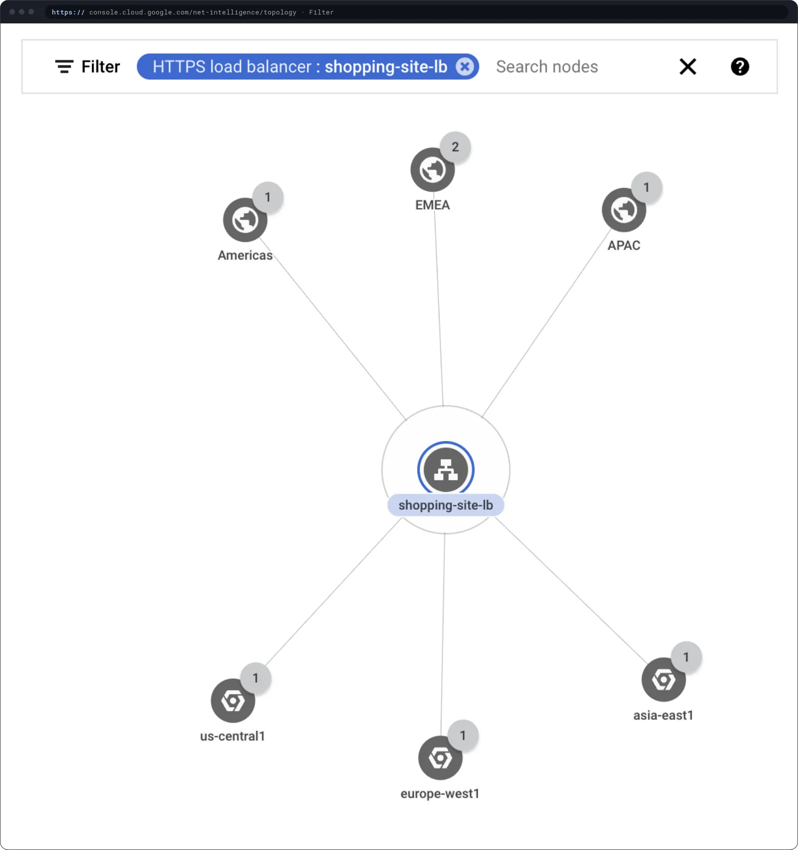 Network Topology with an auditing filter applied, narrowing the graph to the paths under review.