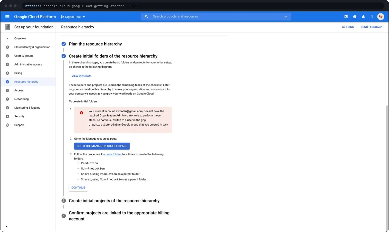 Setup checklist step for planning and creating the resource hierarchy.