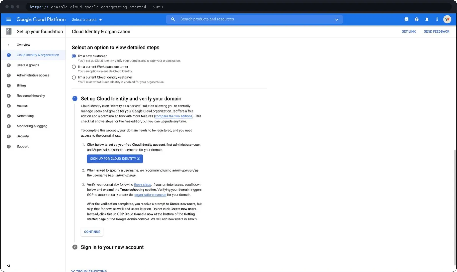 Setup checklist step for Cloud Identity and organization, with guidance and a sign-in call to action.