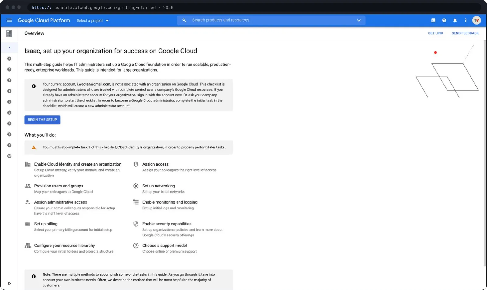 The Google Cloud setup overview: a personalised checklist for setting up an organization, with steps for identity, resource hierarchy, access, billing and networking.