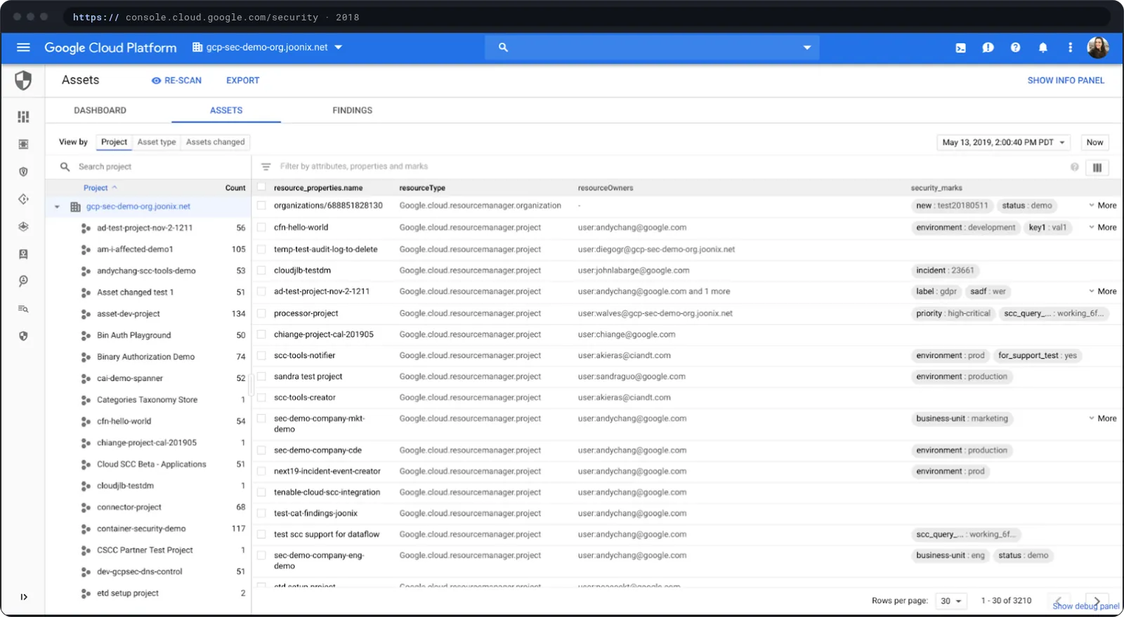 Security Command Center assets: a filterable table of every resource in the organization.