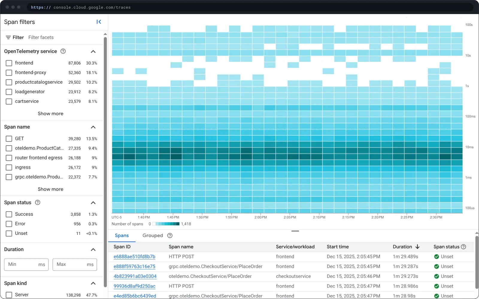 Trace Explorer today: a latency heatmap over time above a table of spans.