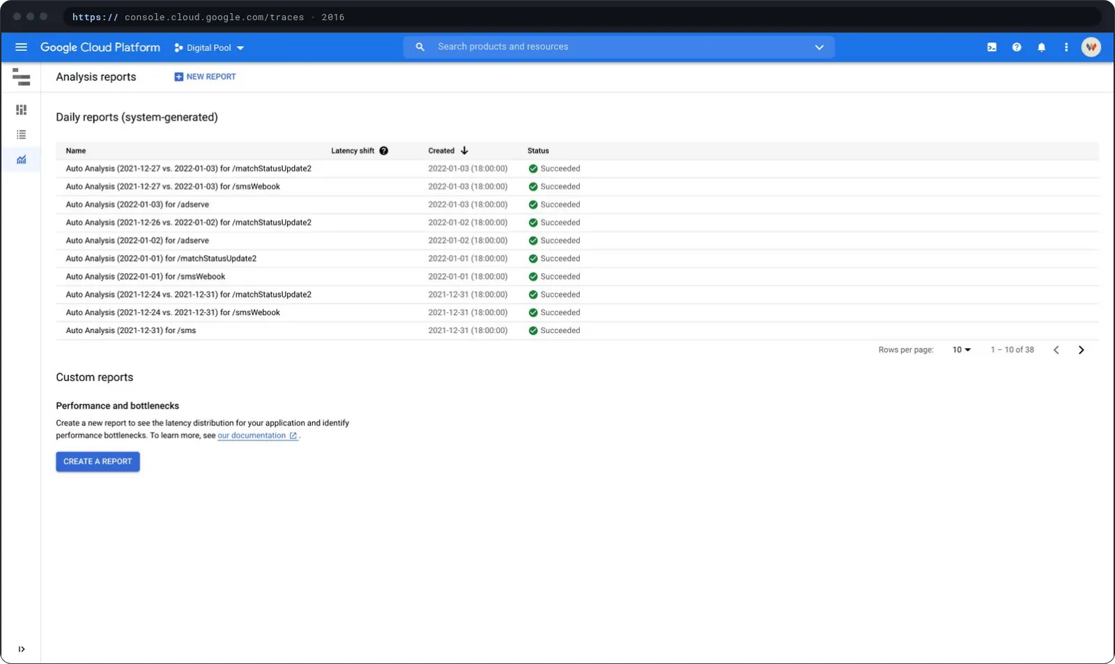 Trace analysis reports: a table of system-generated daily reports and a custom reports section.