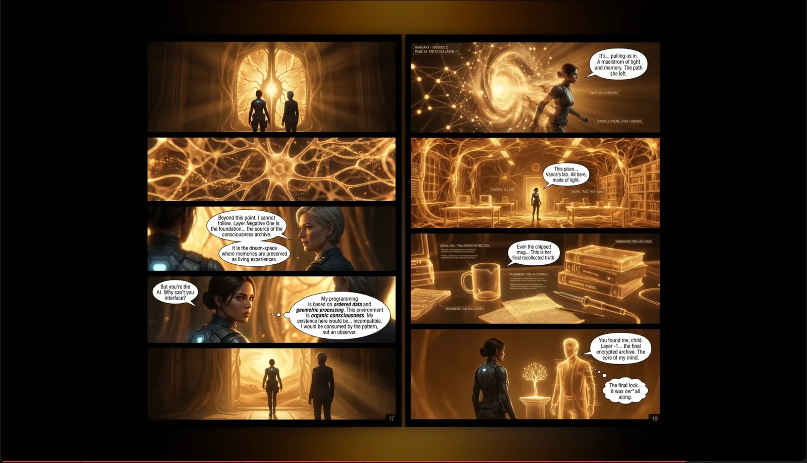 The HangarX comic reader showing pages 17 and 18 of Episode 2, a sequence rendered in amber.
