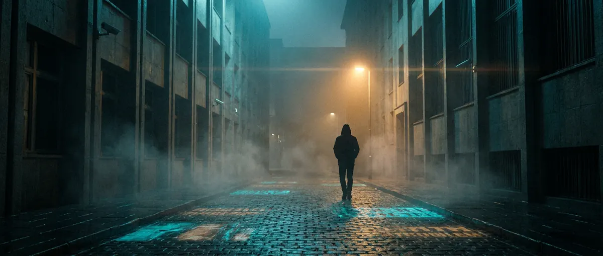 An alley in fog, and someone walking away down it.