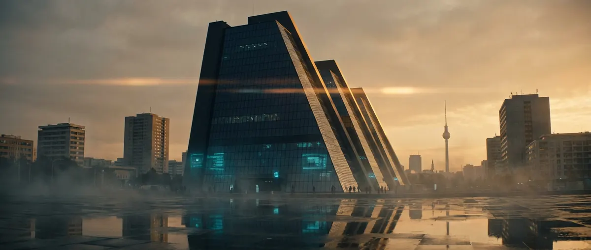 NeuralCorp headquarters over Berlin at dusk.