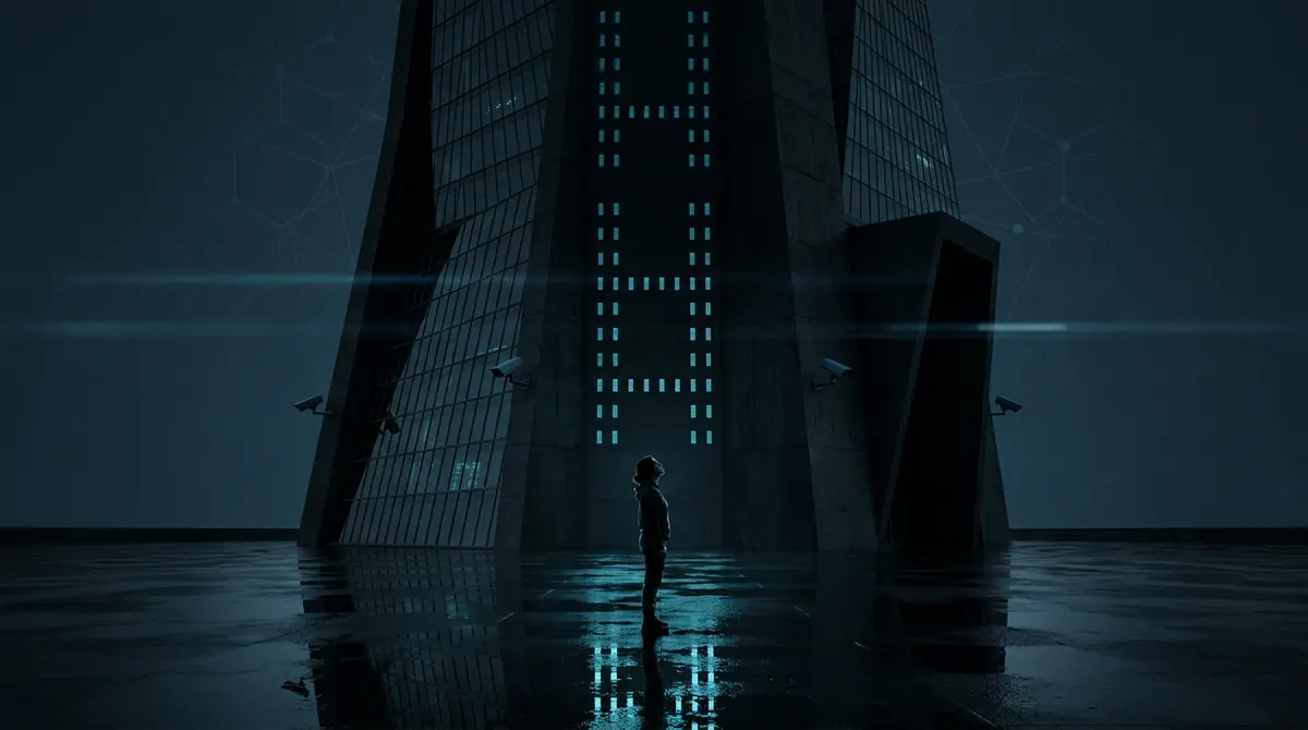 The tower at night, one small figure at its foot.