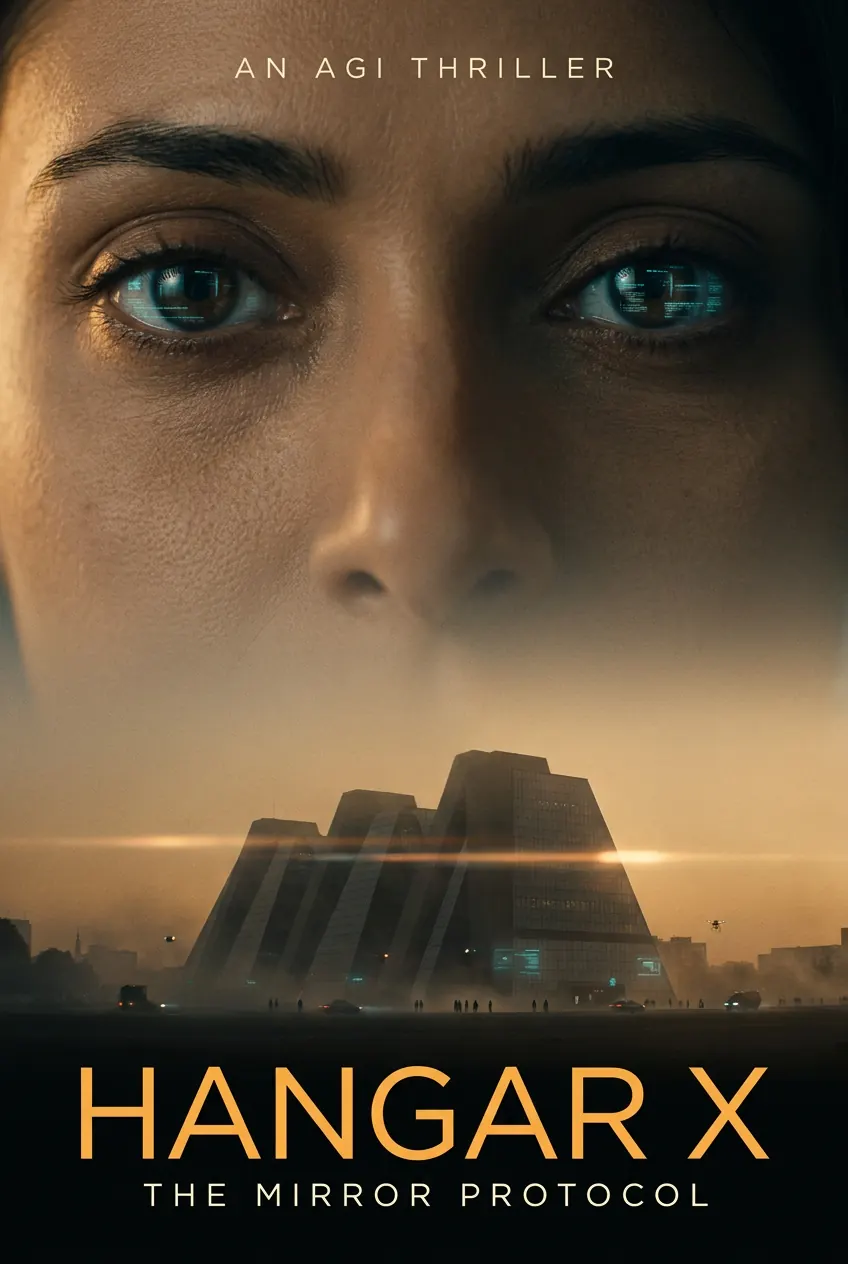 Key art. “An AGI thriller,” the NeuralCorp tower behind her eyes.