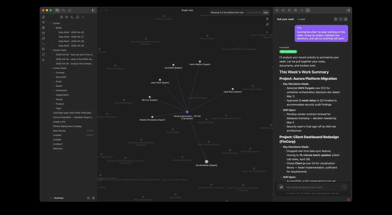 Ask your vault: the graph on the left, an answer built from the notes on the right.