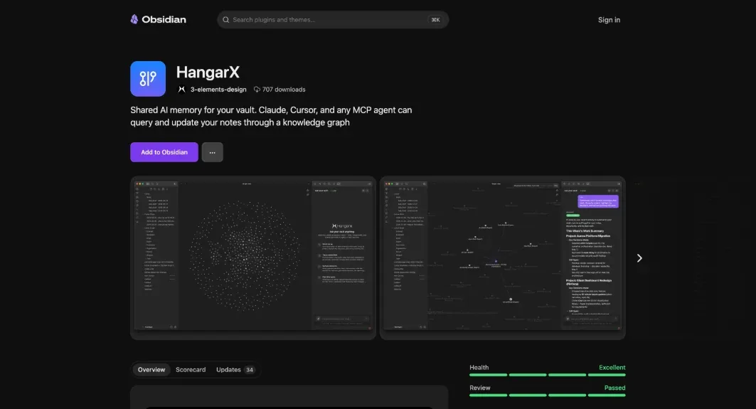 Listed in the Obsidian community plugin directory. MIT, 34 releases.