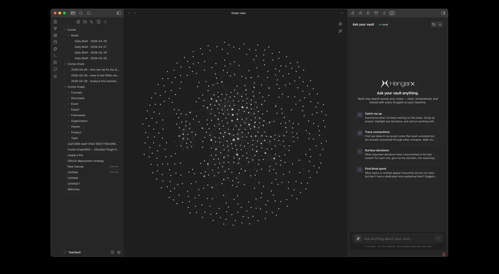 The vault as a knowledge graph inside Obsidian.