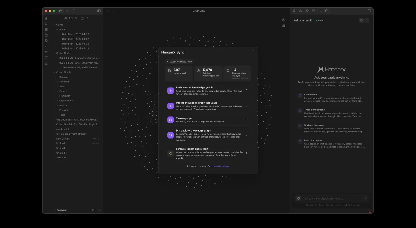 Two-way sync between the vault and the knowledge graph, with a diff before you commit to it.