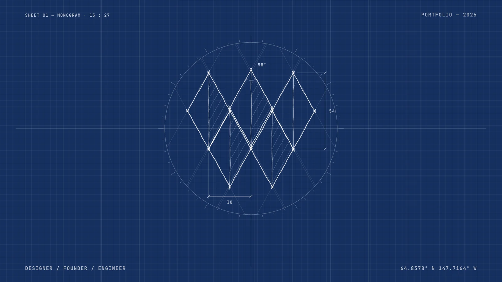 The portfolio film: the W monogram sketched on a blueprint, before it turns to colour